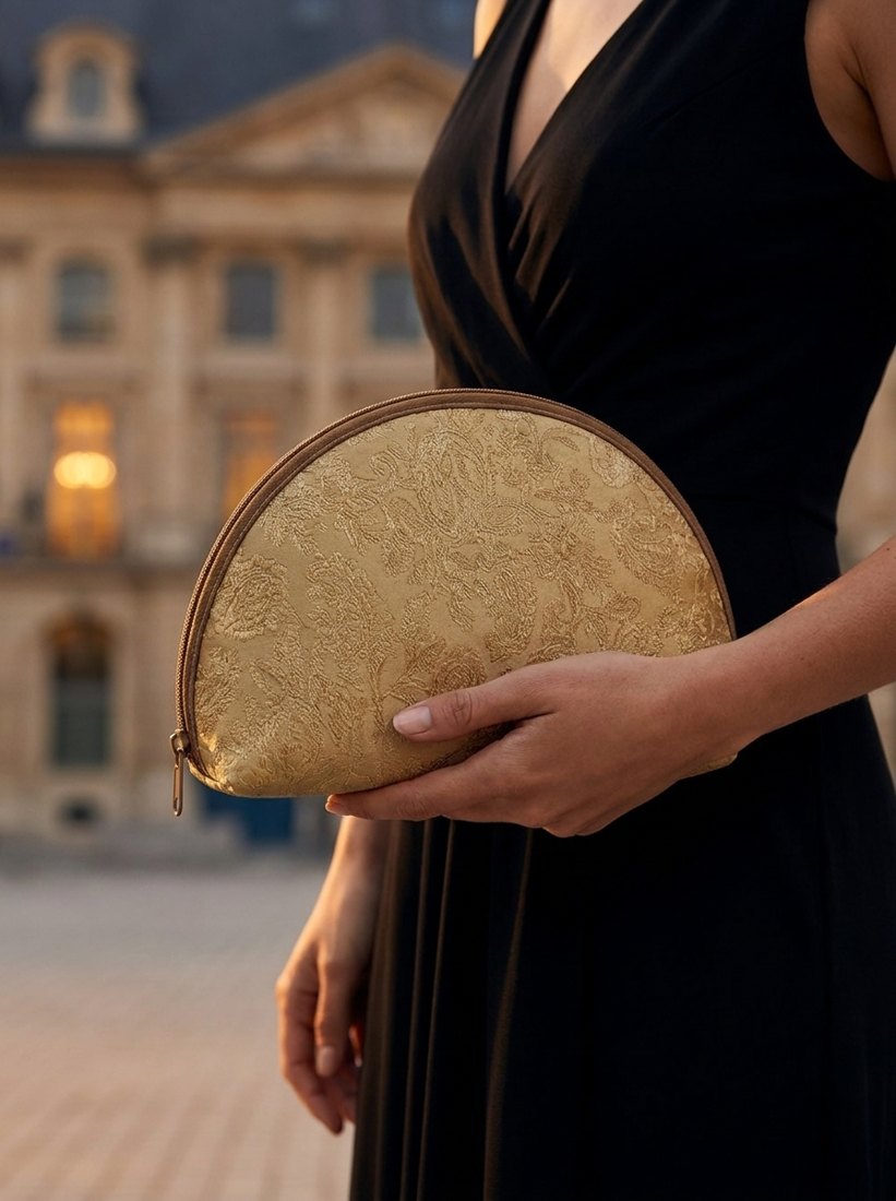 La Demi-lune brocart doré tenue en main en tenue de soirée
